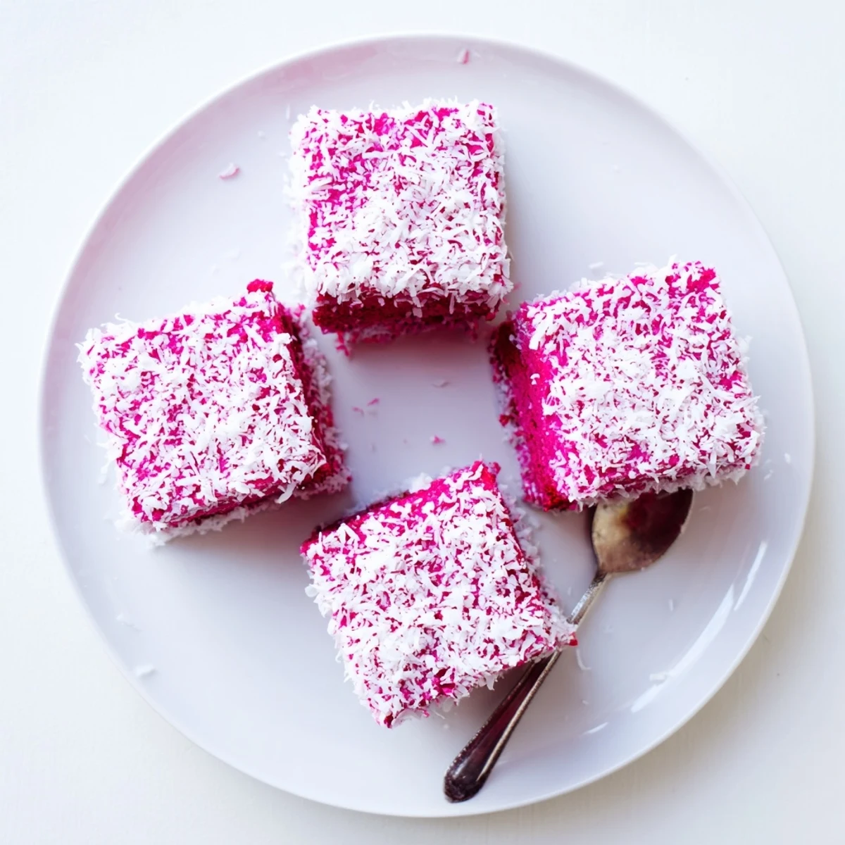 Platter of Raspberry Lamingtons with vibrant berry glaze and toasted coconut coating