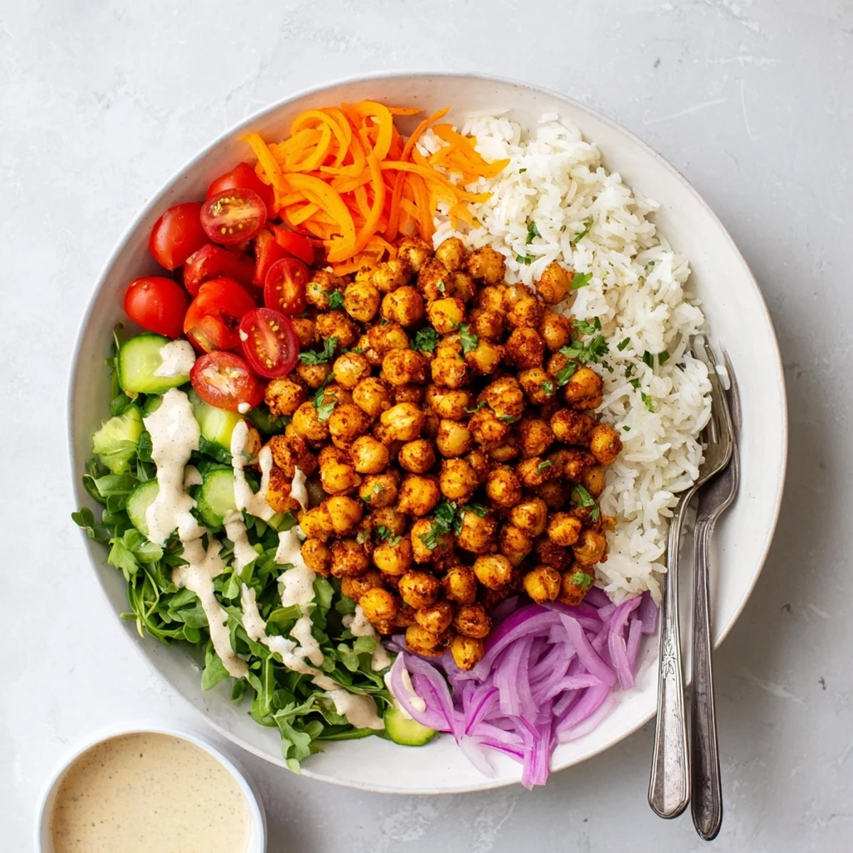 Golden roasted chickpea shawarma bowl topped with creamy tahini sauce and fresh crisp vegetables.