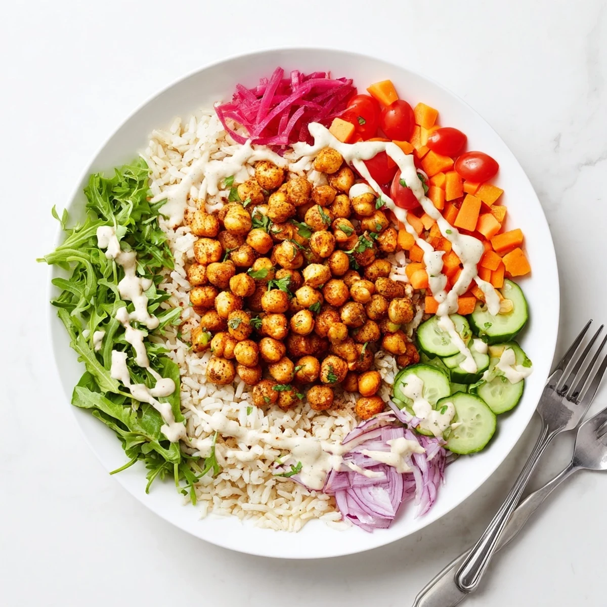 Vibrant chickpea shawarma bowl served over fluffy basmati rice with drizzled tahini dressing.