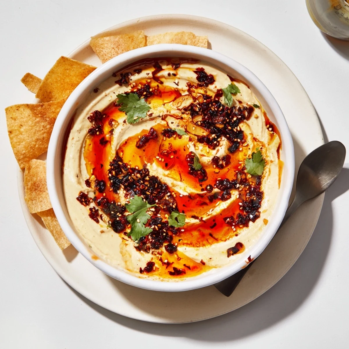 Creamy charred scallion and chili crisp dip swirled with spicy oil and fresh cilantro
