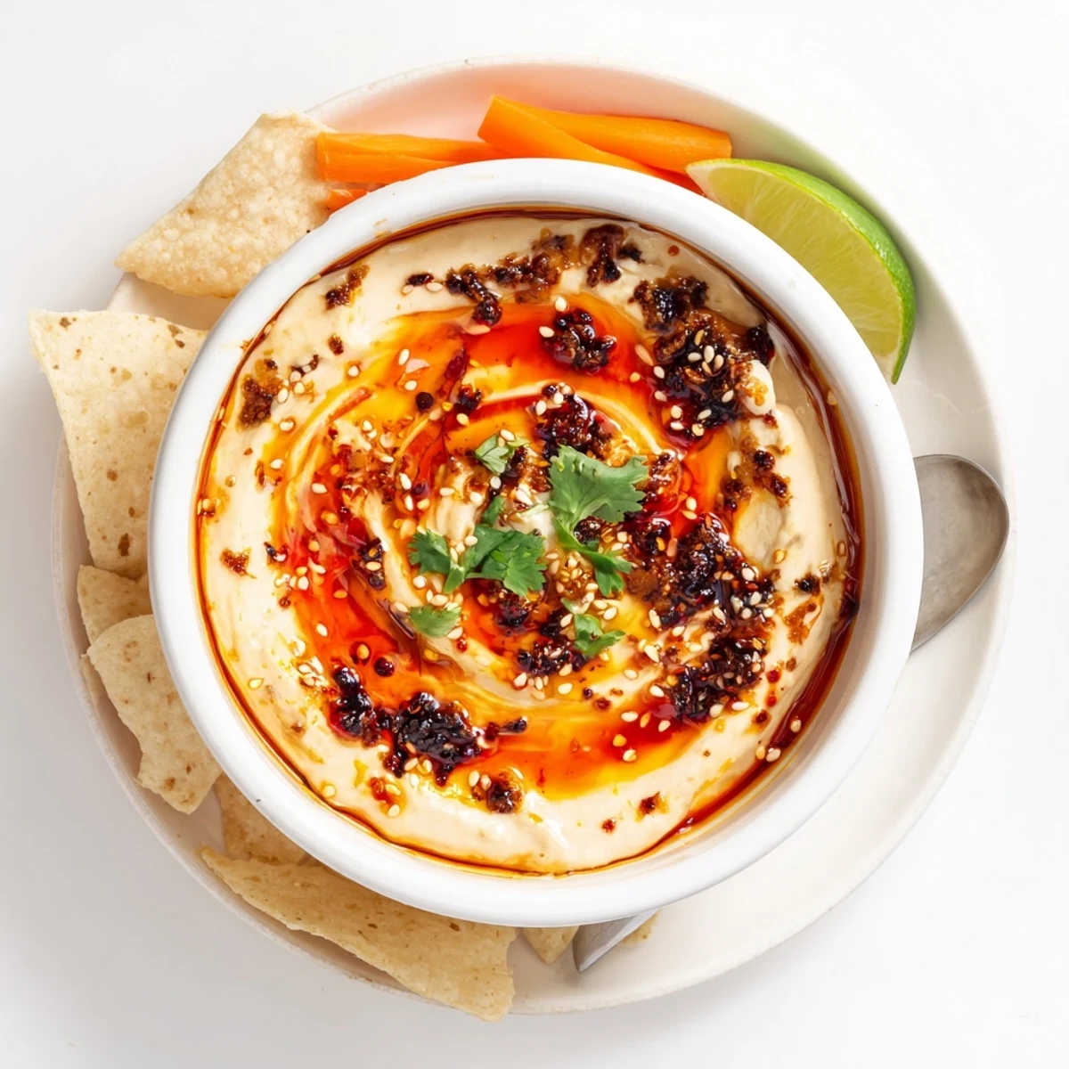 Smoky charred scallion and chili crisp dip served in a rustic bowl with tortilla chips