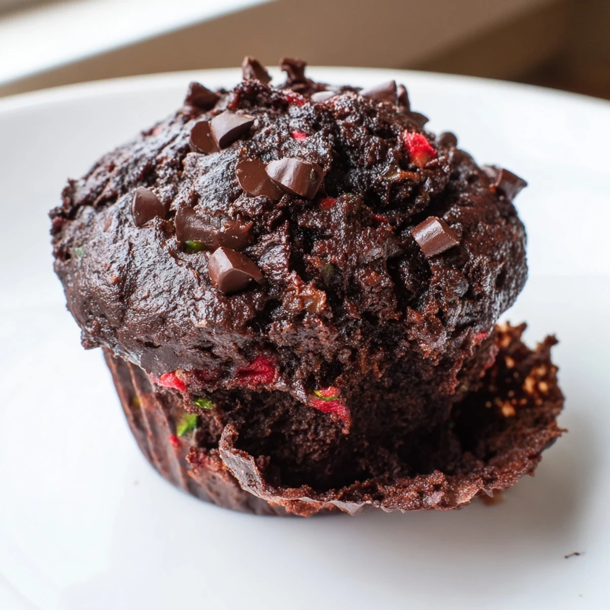 Fresh-from-the-oven chocolate zucchini strawberry muffins crowned with gooey melted chocolate chips