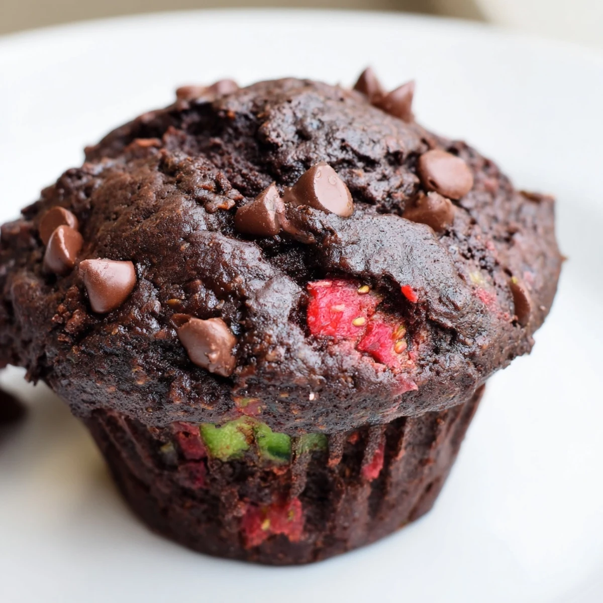 Rich chocolate zucchini strawberry muffins with melty chips on a rustic wire rack