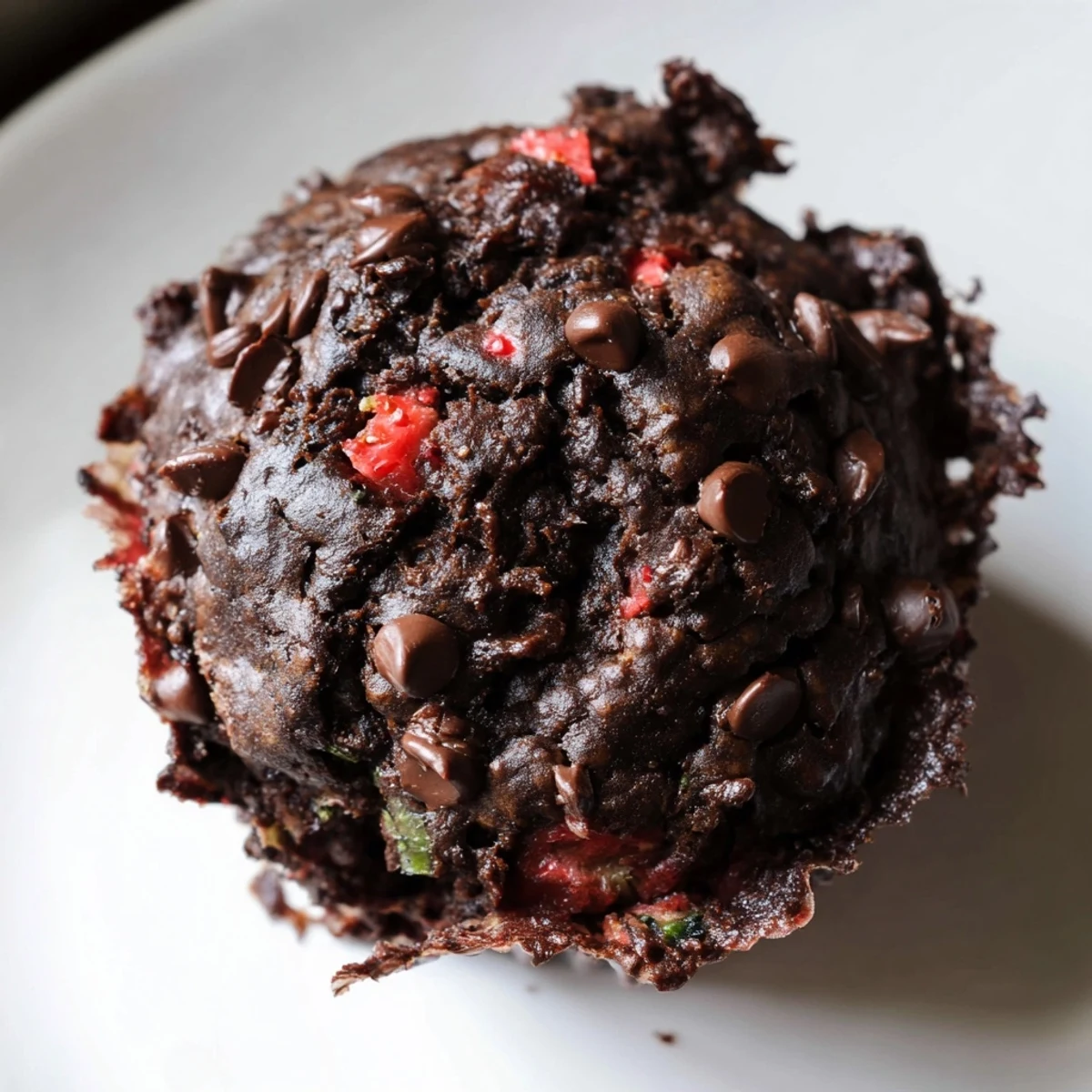 Tender chocolate zucchini strawberry muffins studded with juicy berries on a linen napkin