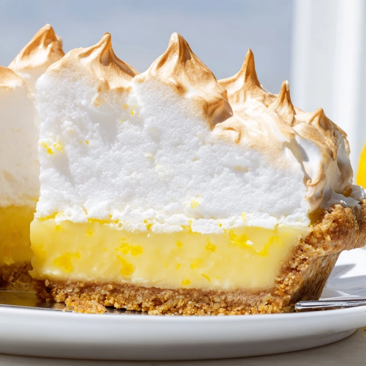 Silky tangy real lemon pie recipe sliced and served on a white dessert plate