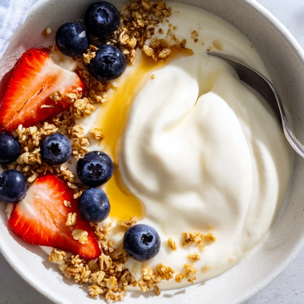 Smooth homemade yogurt served in a glass jar topped with fresh berries
