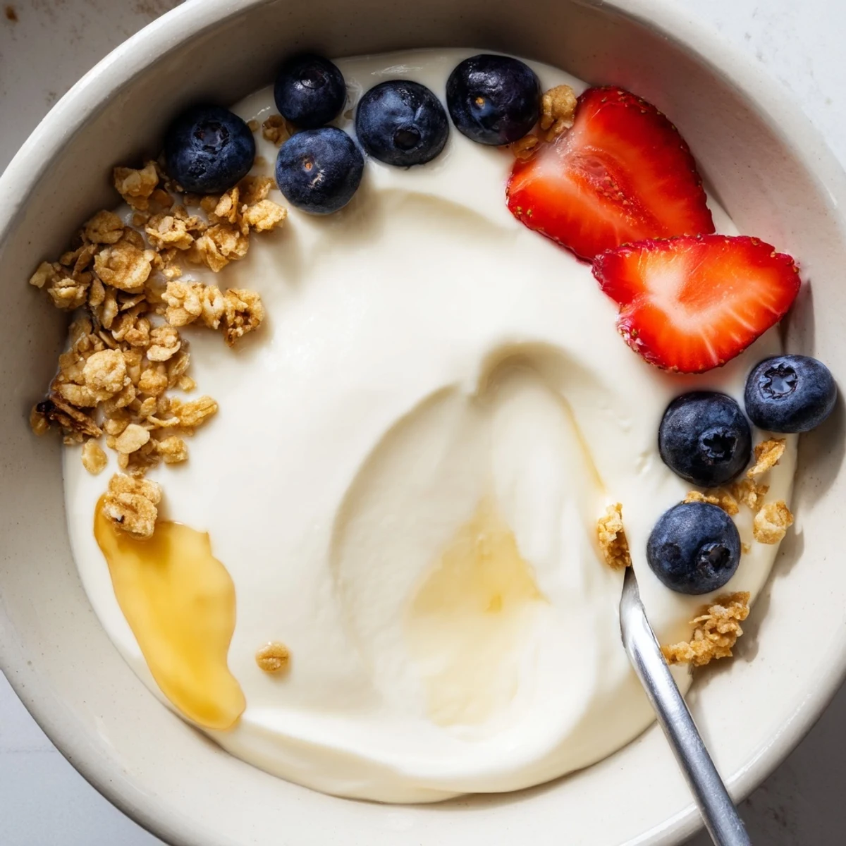 Creamy tangy homemade yogurt swirled in a bowl beside a drizzle of honey
