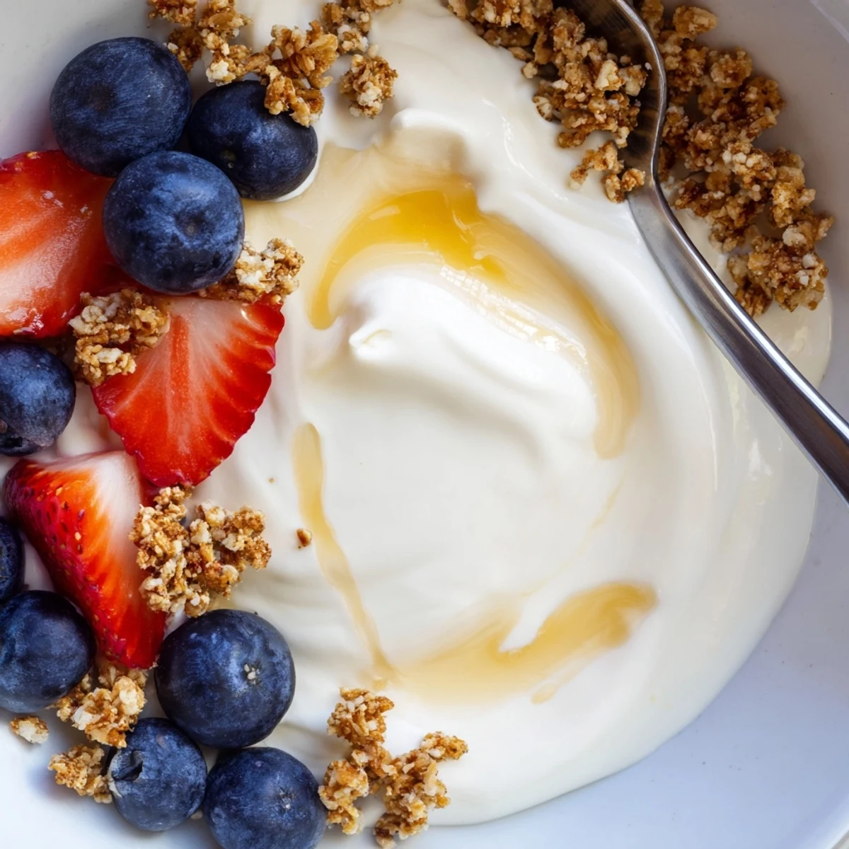 Thick velvety homemade yogurt garnished with granola and a sprig of mint
