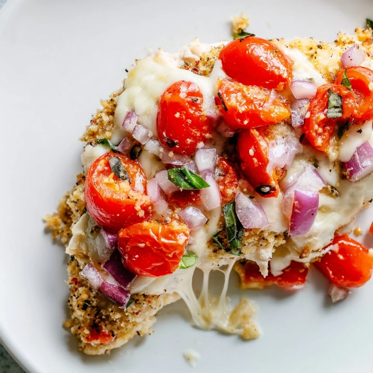 Golden bubbling chicken bruschetta casserole fresh from the oven with crispy breadcrumb topping