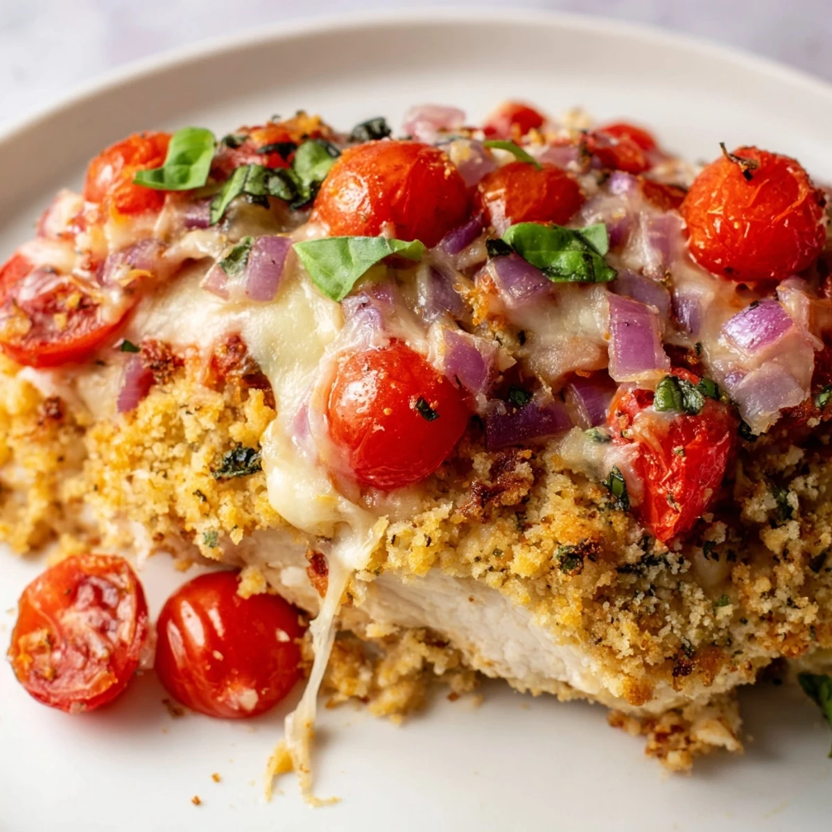 Juicy chicken bruschetta casserole topped with melted mozzarella ripe tomatoes and fresh basil