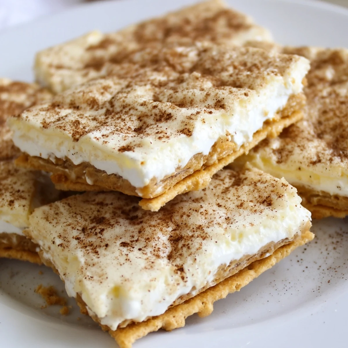 Crunchy churro saltine white toffee squares dusted with cinnamon sugar on a rustic baking sheet