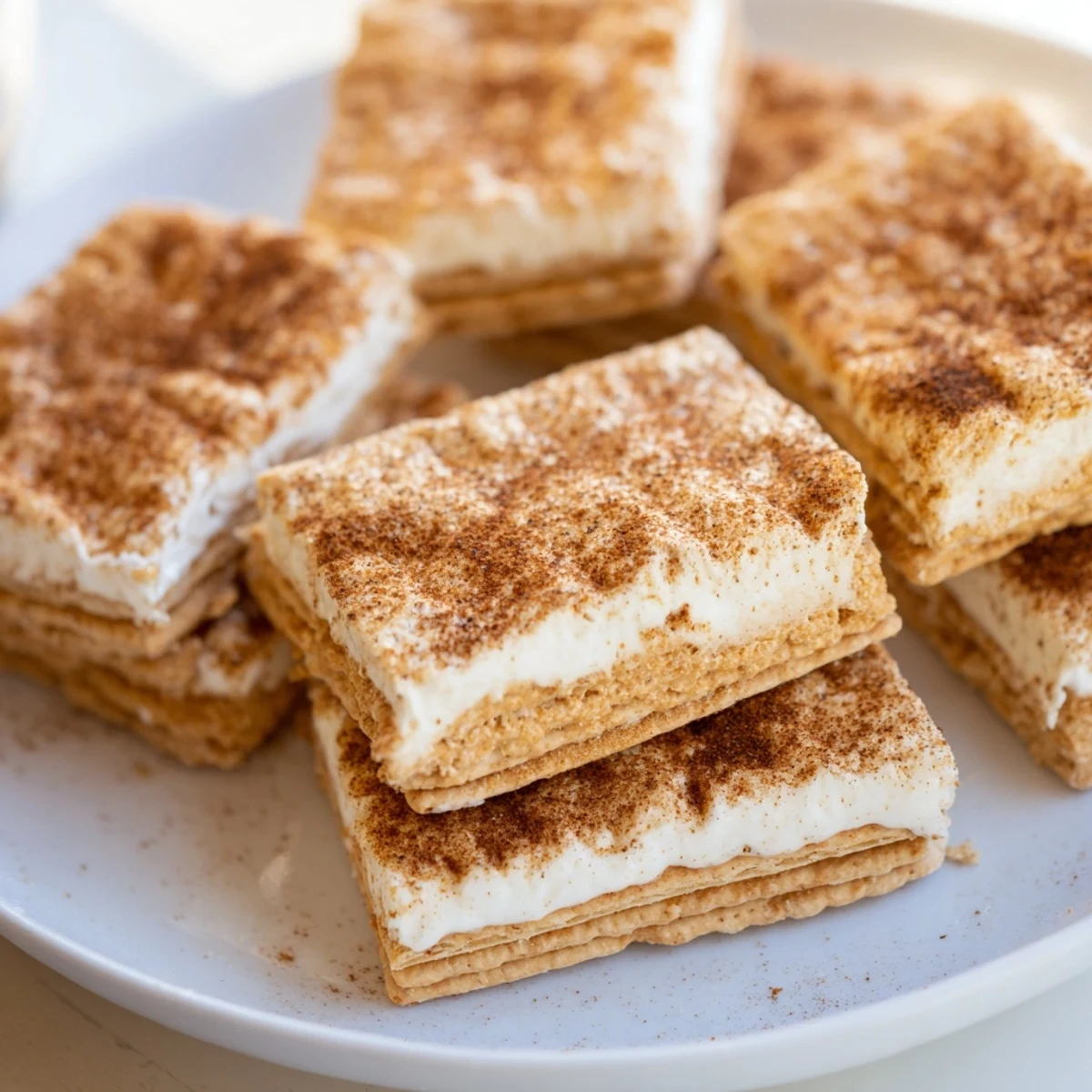 Irresistible churro saltine white toffee bites arranged on parchment with a creamy cinnamon finish