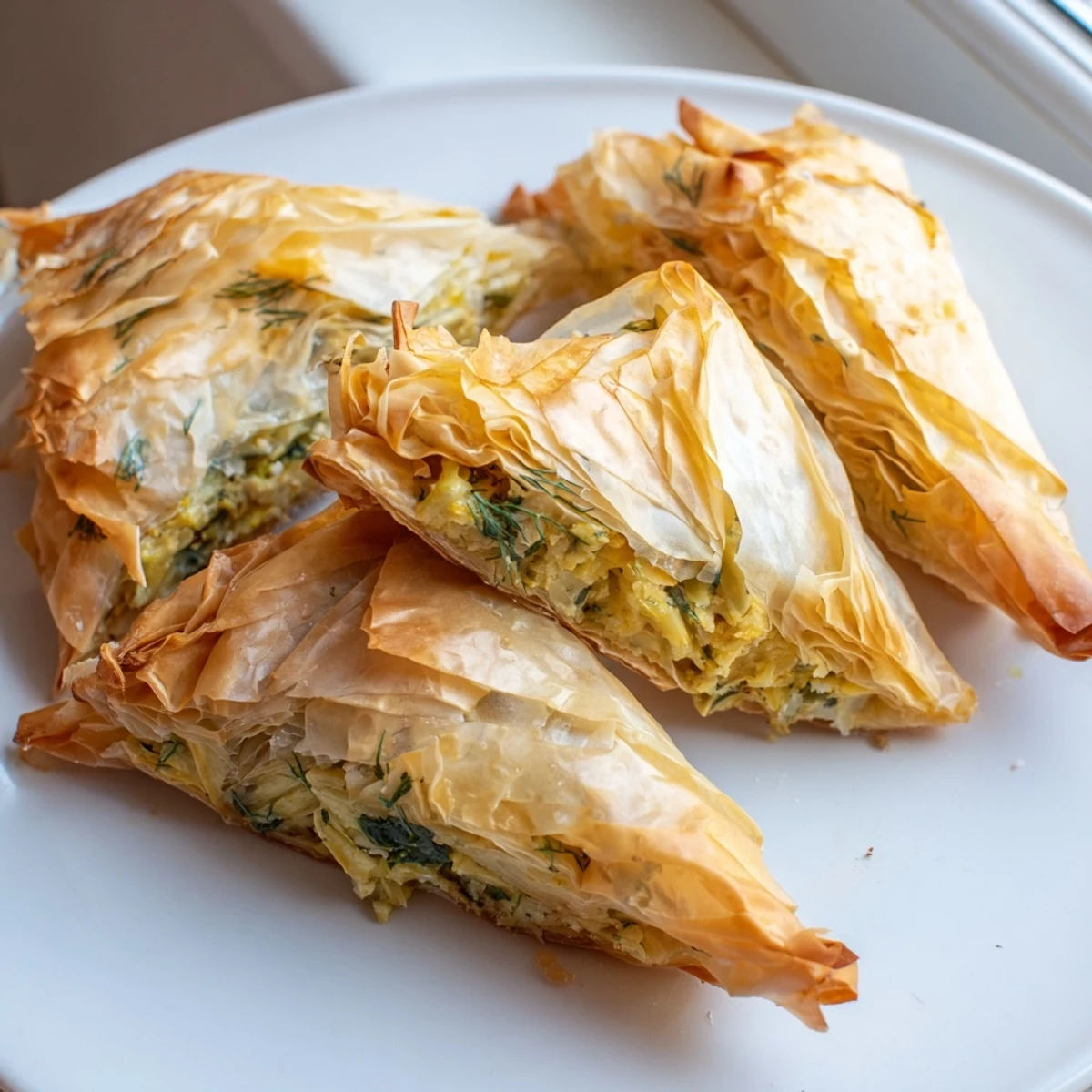 Golden Artichoke and Graviera Filo Puffs arranged on a rustic baking sheet