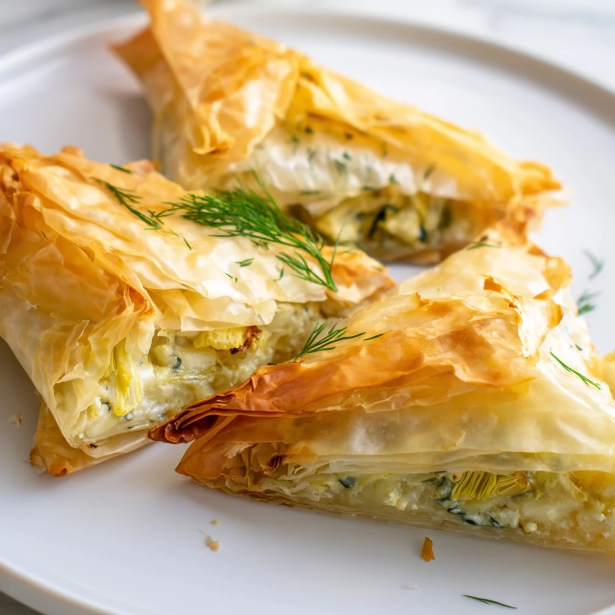 Warm Artichoke and Graviera Filo Puffs served alongside tzatziki on a white platter