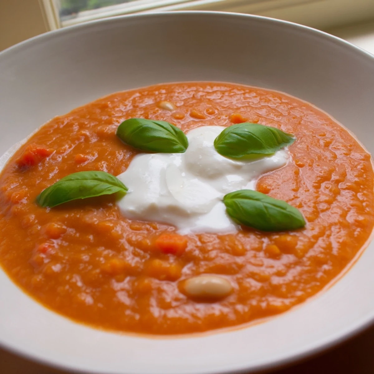 Creamy high protein tomato soup garnished with fresh basil and yogurt swirl