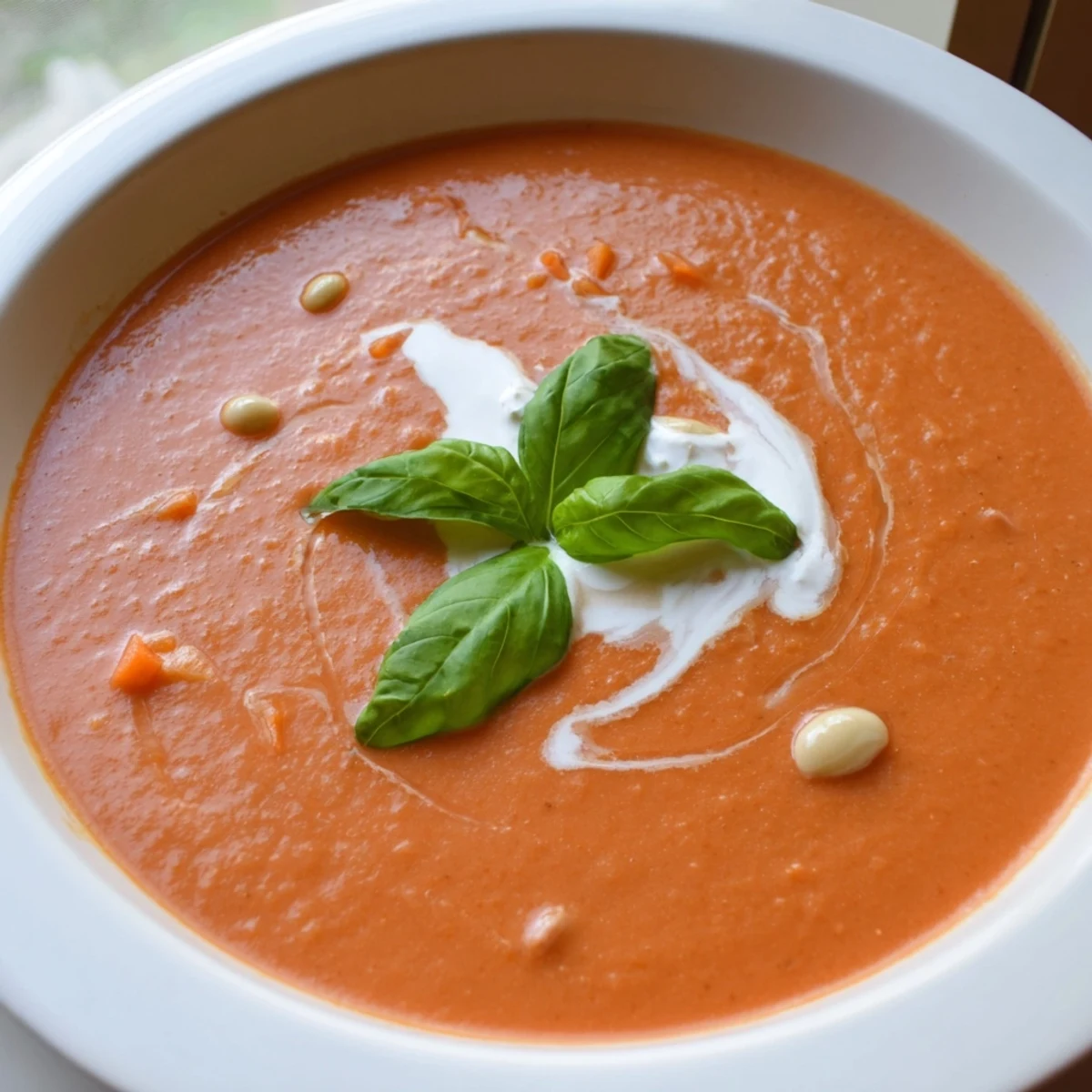 Velvety high protein tomato soup ladled into a bowl with crusty bread alongside