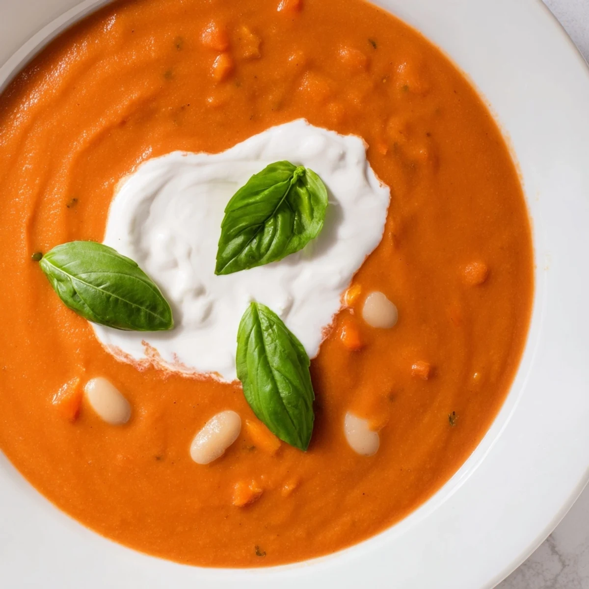Steaming bowl of high protein tomato soup topped with basil leaves and yogurt drizzle