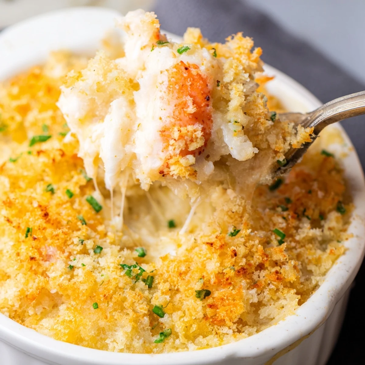 Golden bubbling cheesy jumbo lump crab au gratin fresh from the oven