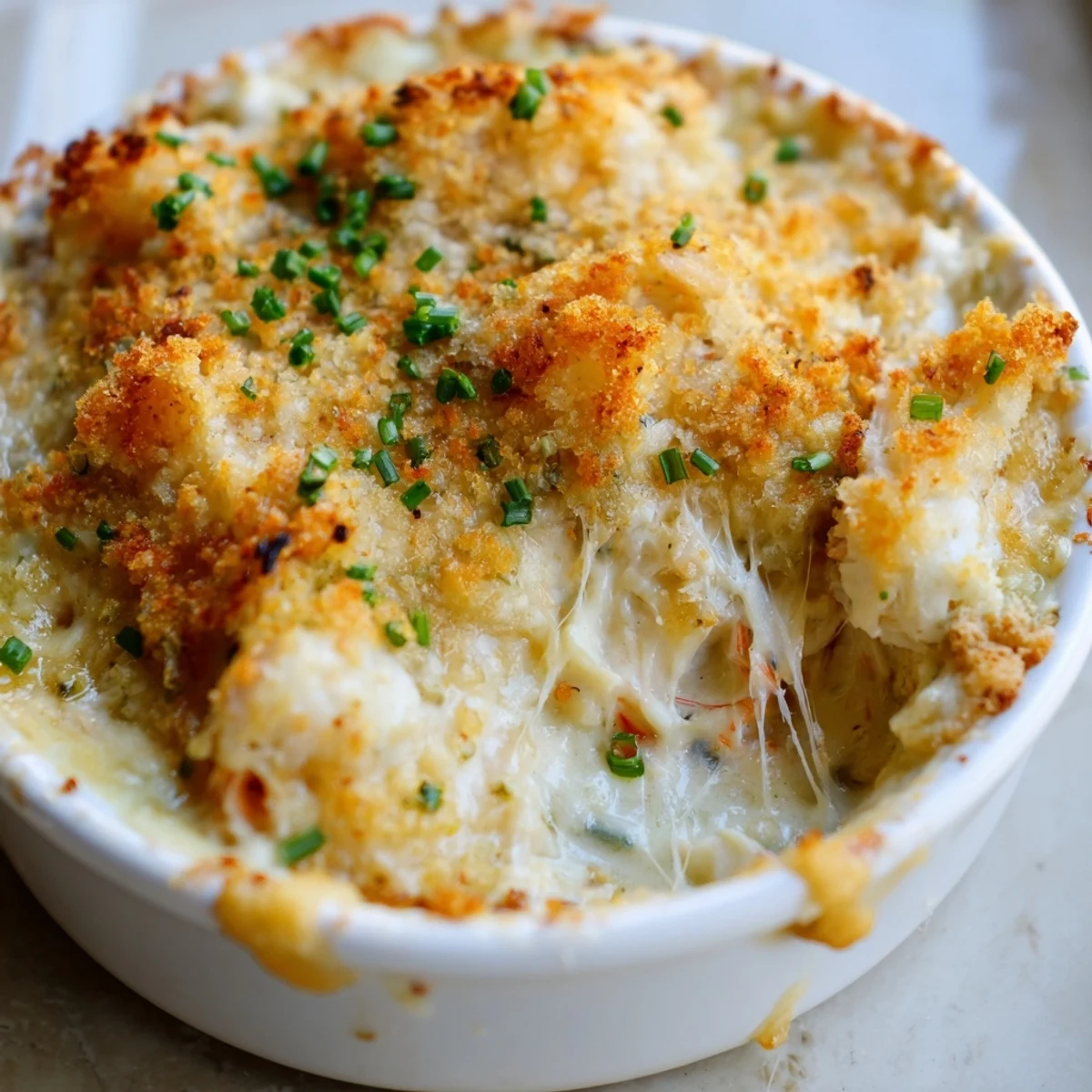 Spoonful of cheesy jumbo lump crab au gratin in a rustic baking dish