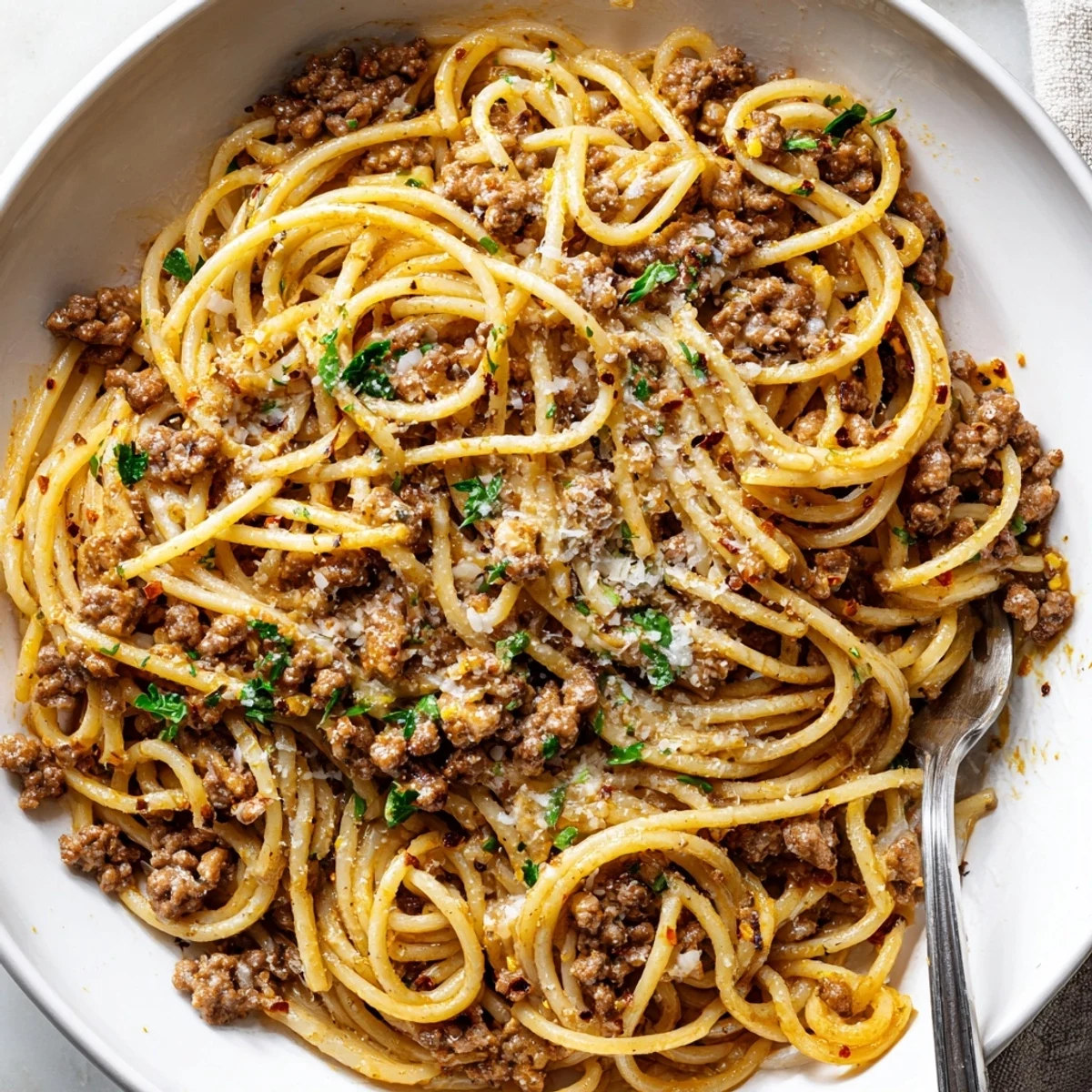 Hearty garlic butter pasta with ground beef garnished with fresh parsley and cheese