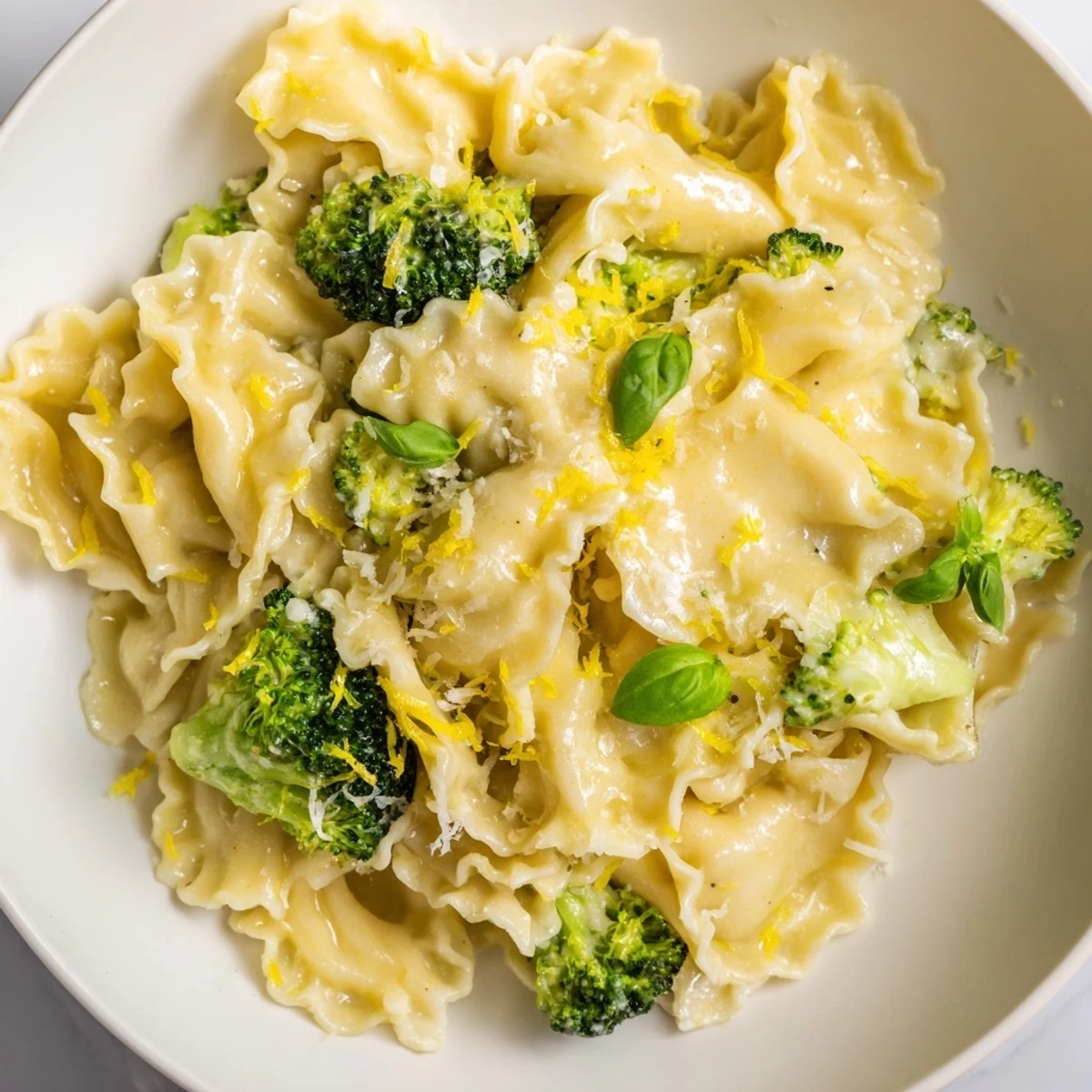 Mafaldine Pasta Limone Broccoli with creamy lemon sauce and bright green tender florets