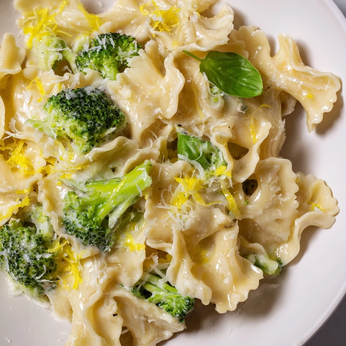 Silky mafaldine noodles coated in tangy lemon cream sauce with steamed broccoli