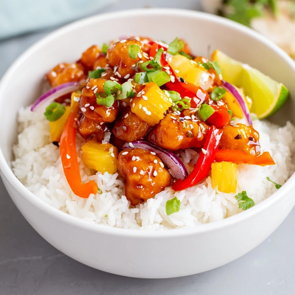Golden caramelized pineapple chicken rice bowl with vibrant red peppers and spring onions
