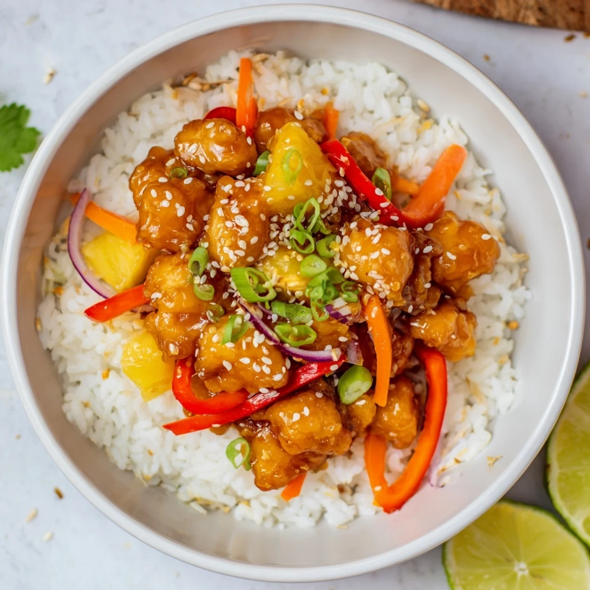 Glossy pineapple chicken rice bowl topped with sesame seeds and fresh cilantro