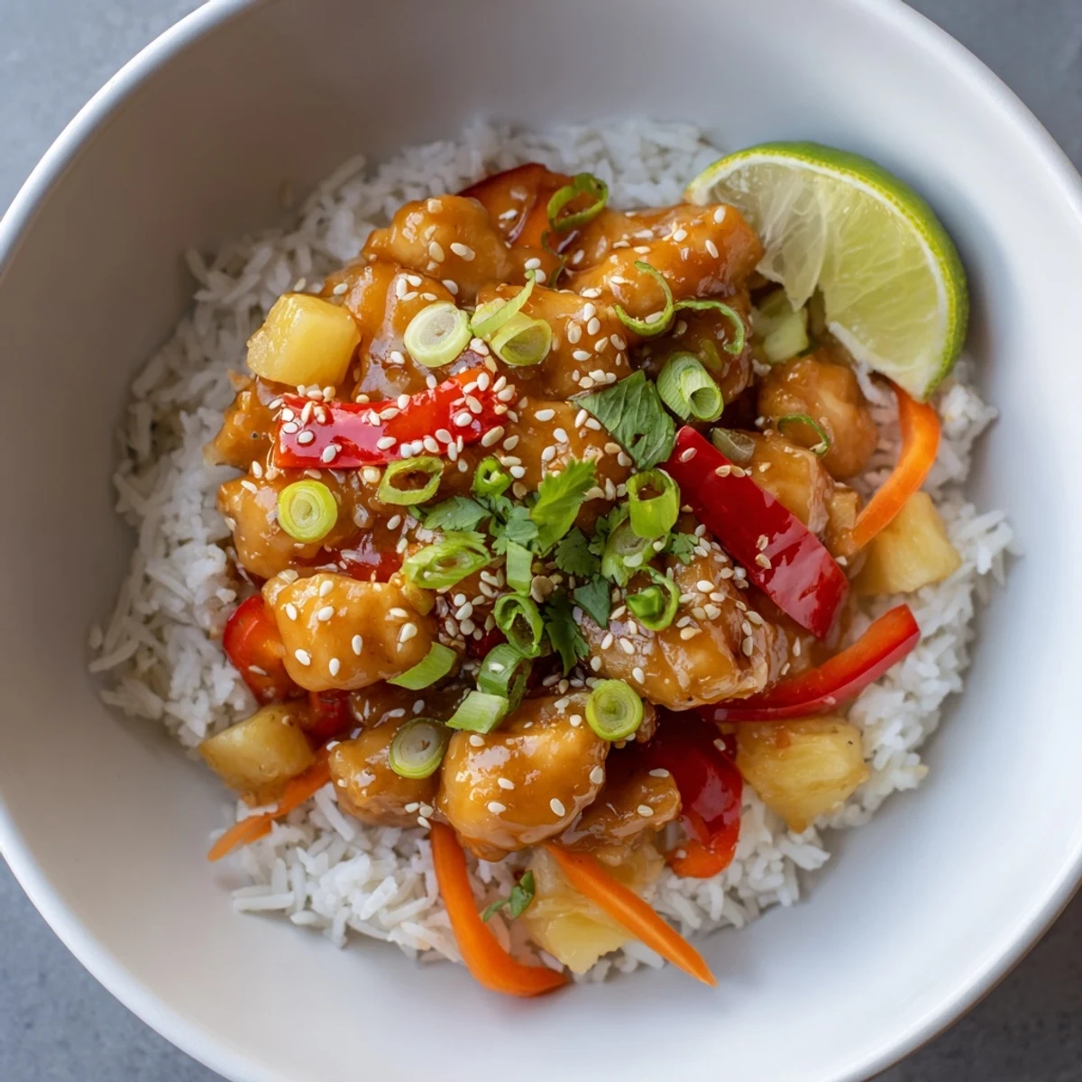 Steaming pineapple chicken rice bowl drizzled with sweet savory sauce over fluffy jasmine rice