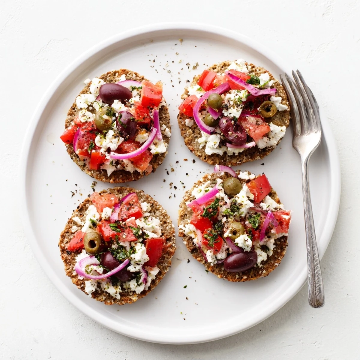 Golden crispy Cretan feta rusks topped with juicy tomatoes and crumbled tangy cheese
