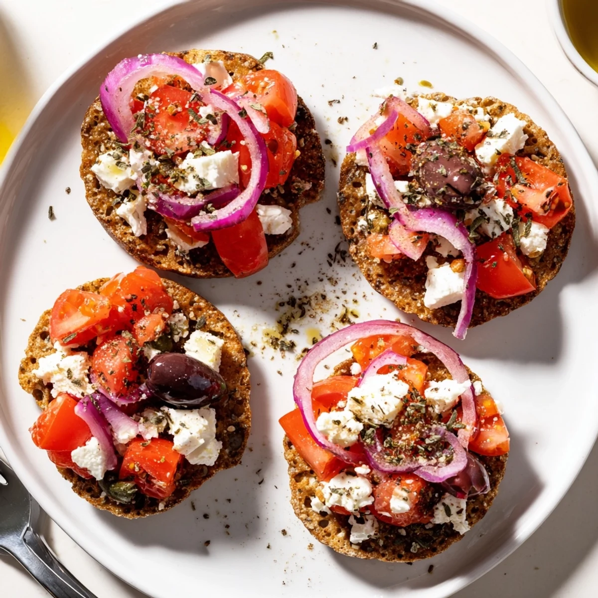 Crispy Cretan feta rusks arranged on a rustic board with olives and fresh oregano