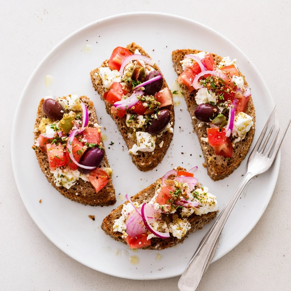 Crunchy barley rusks loaded with diced tomatoes, crumbled feta, and a drizzle of olive oil
