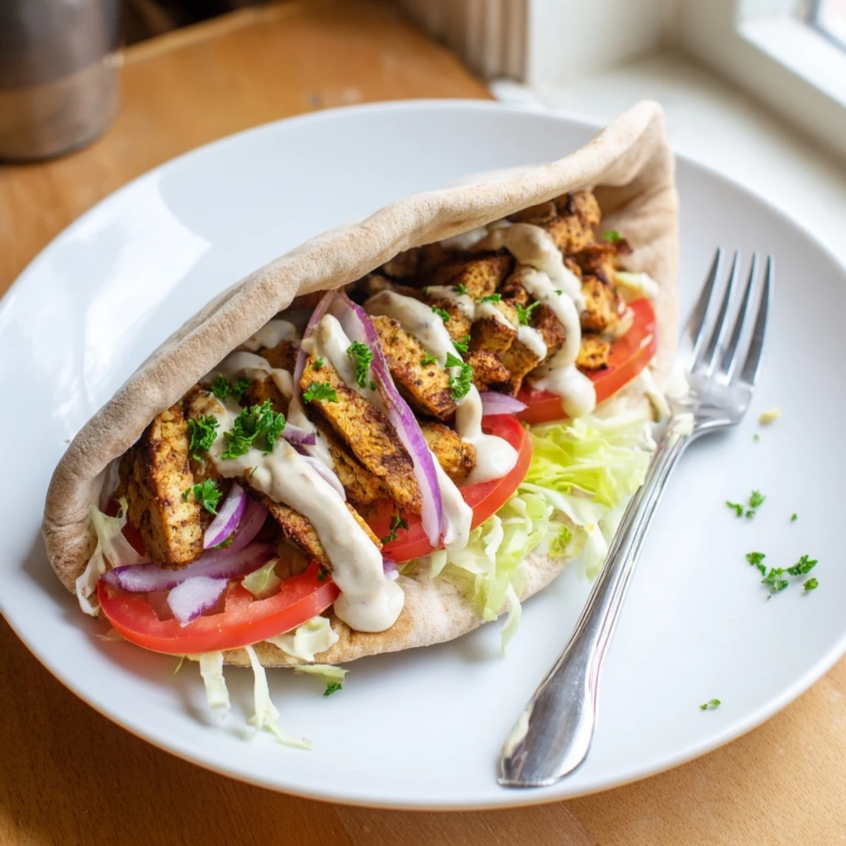 Spiced tofu shawarma sizzling on a grill pan with edges perfectly crisped