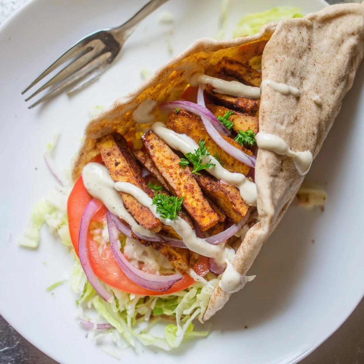 Golden tofu shawarma strips nestled in warm pita with fresh veggies and tahini