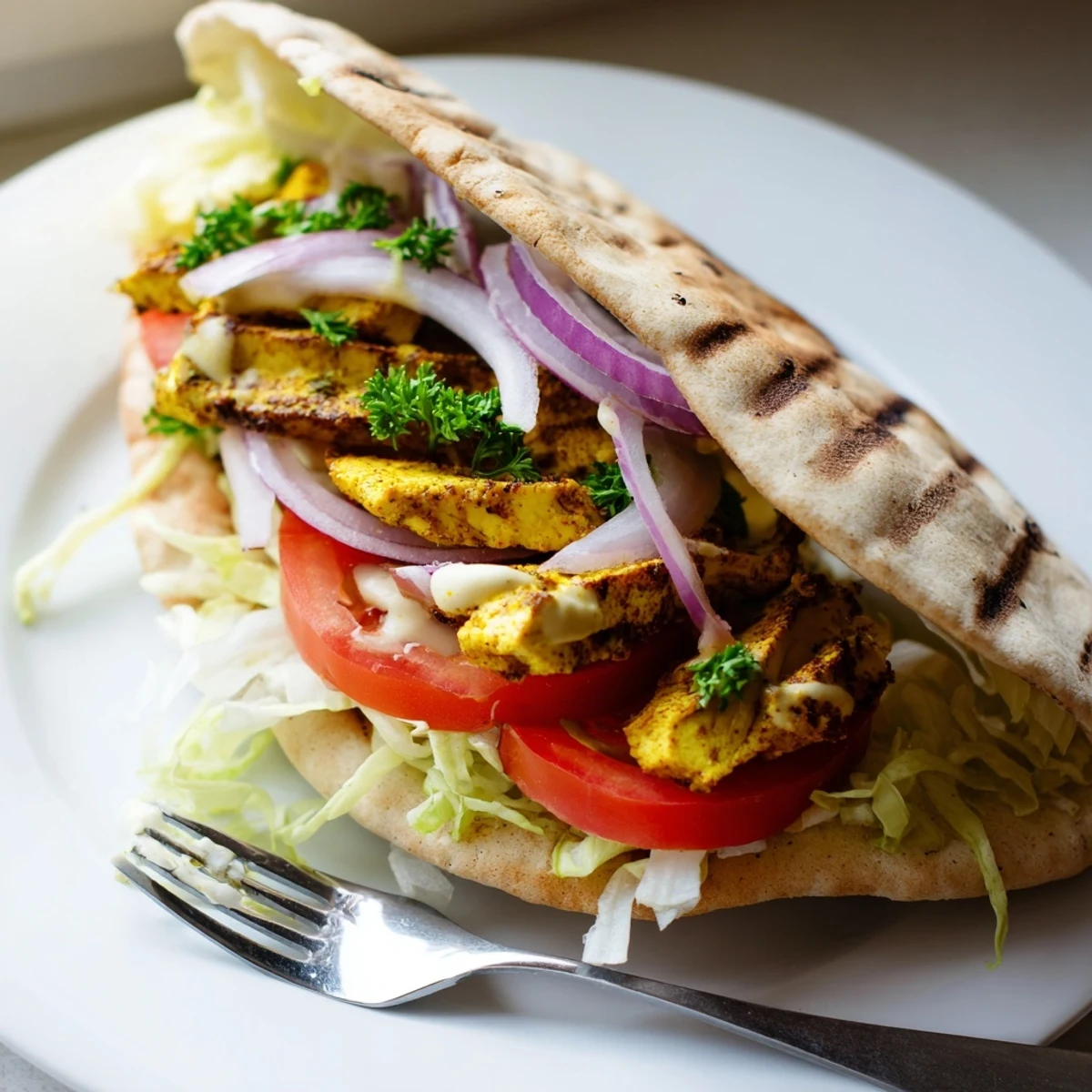 Vibrant tofu shawarma piled high in a flatbread wrap drizzled with creamy sauce