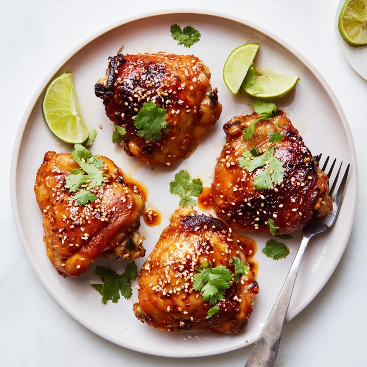 Golden sweet chili air fryer chicken thighs glistening with a sticky glaze on a plate
