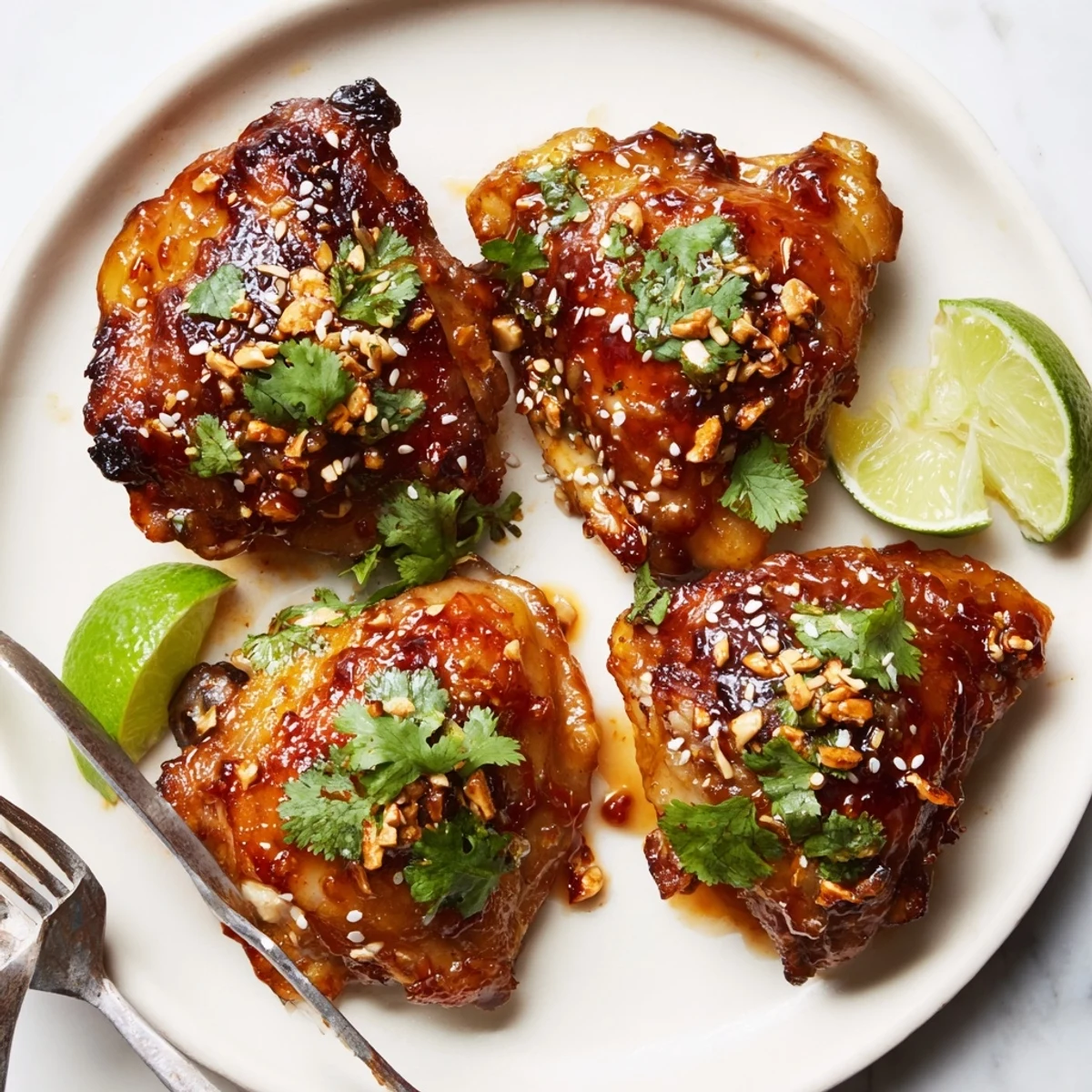 Crispy-skinned sweet chili air fryer chicken thighs garnished with sesame seeds and cilantro