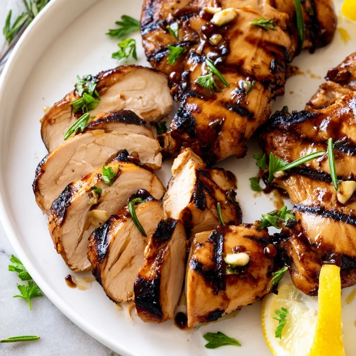 Juicy Marinated Balsamic Chicken fresh off the grill with golden char marks