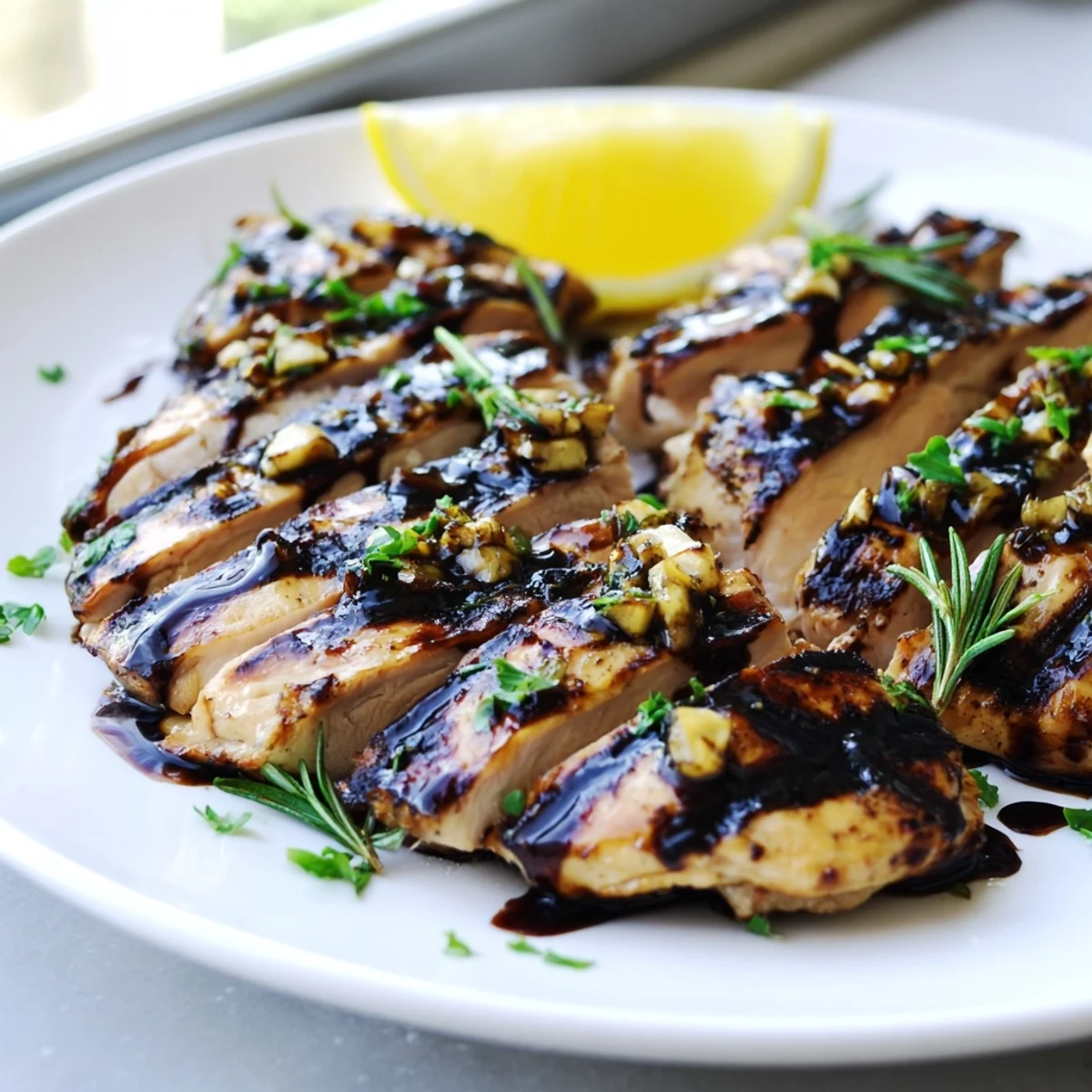 Sliced Marinated Balsamic Chicken plated with fresh parsley and lemon wedges