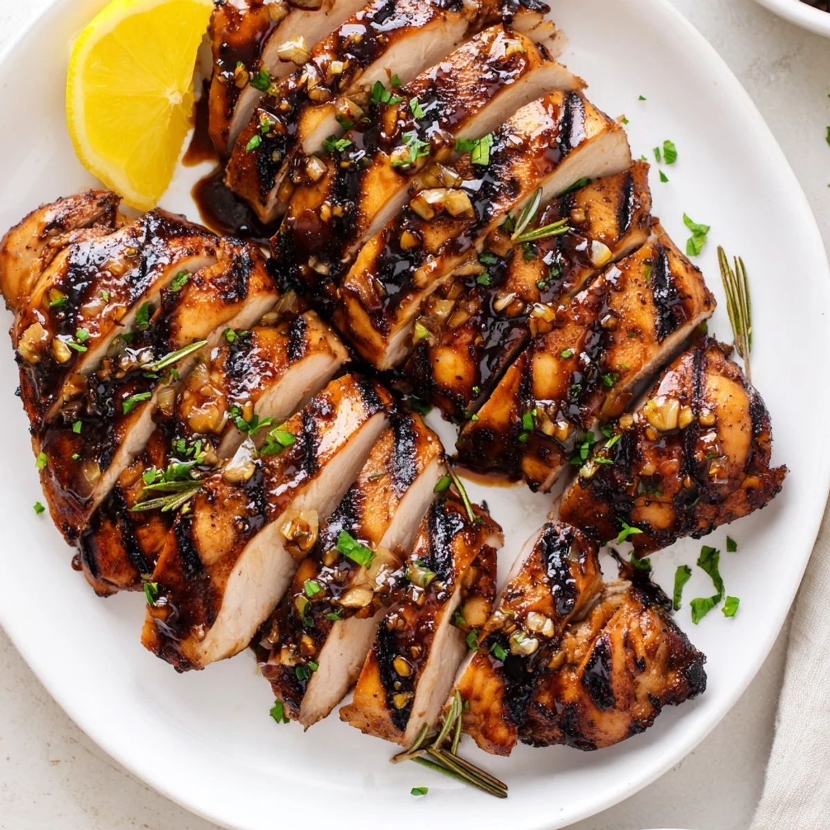Tender Marinated Balsamic Chicken drizzled with rich, glossy balsamic glaze and herbs