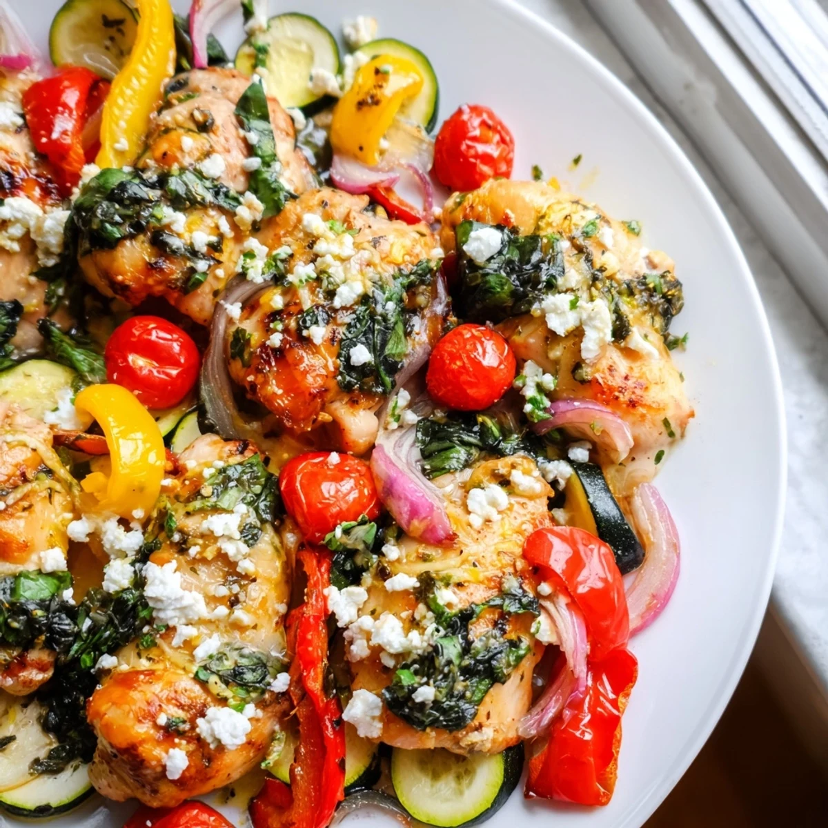 Golden baked chicken breasts surrounded by roasted summer vegetables and crumbled feta cheese in a rustic baking dish