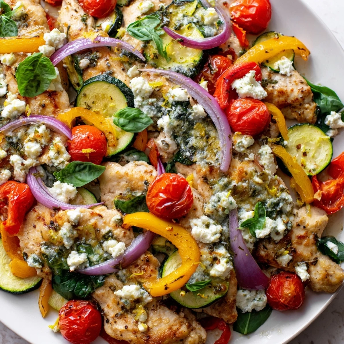 Juicy Summer Chicken Bake with colorful cherry tomatoes, bell peppers, and tender spinach topped with melted feta