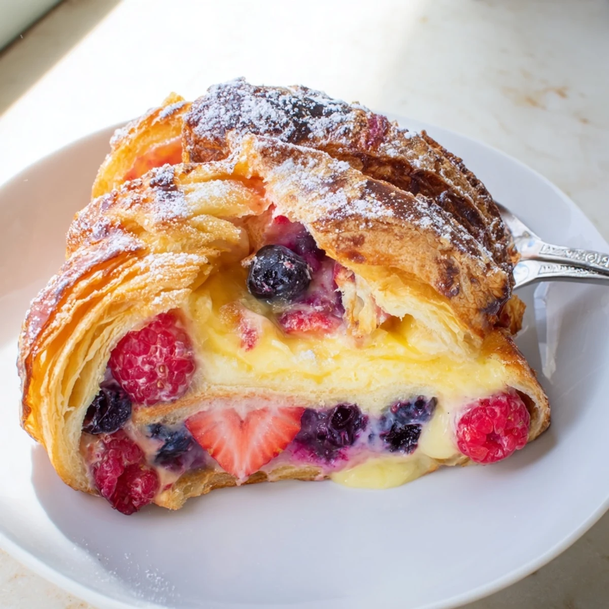 Berry croissant bake topped with powdered sugar in a warm baking dish