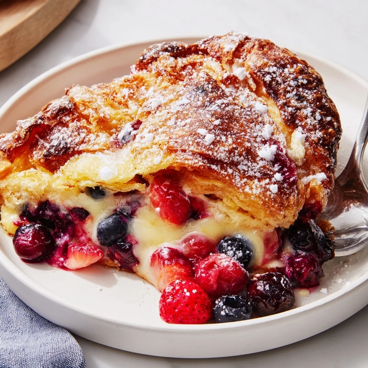 Golden berry croissant bake with custard-soaked pastry and fresh mixed berries
