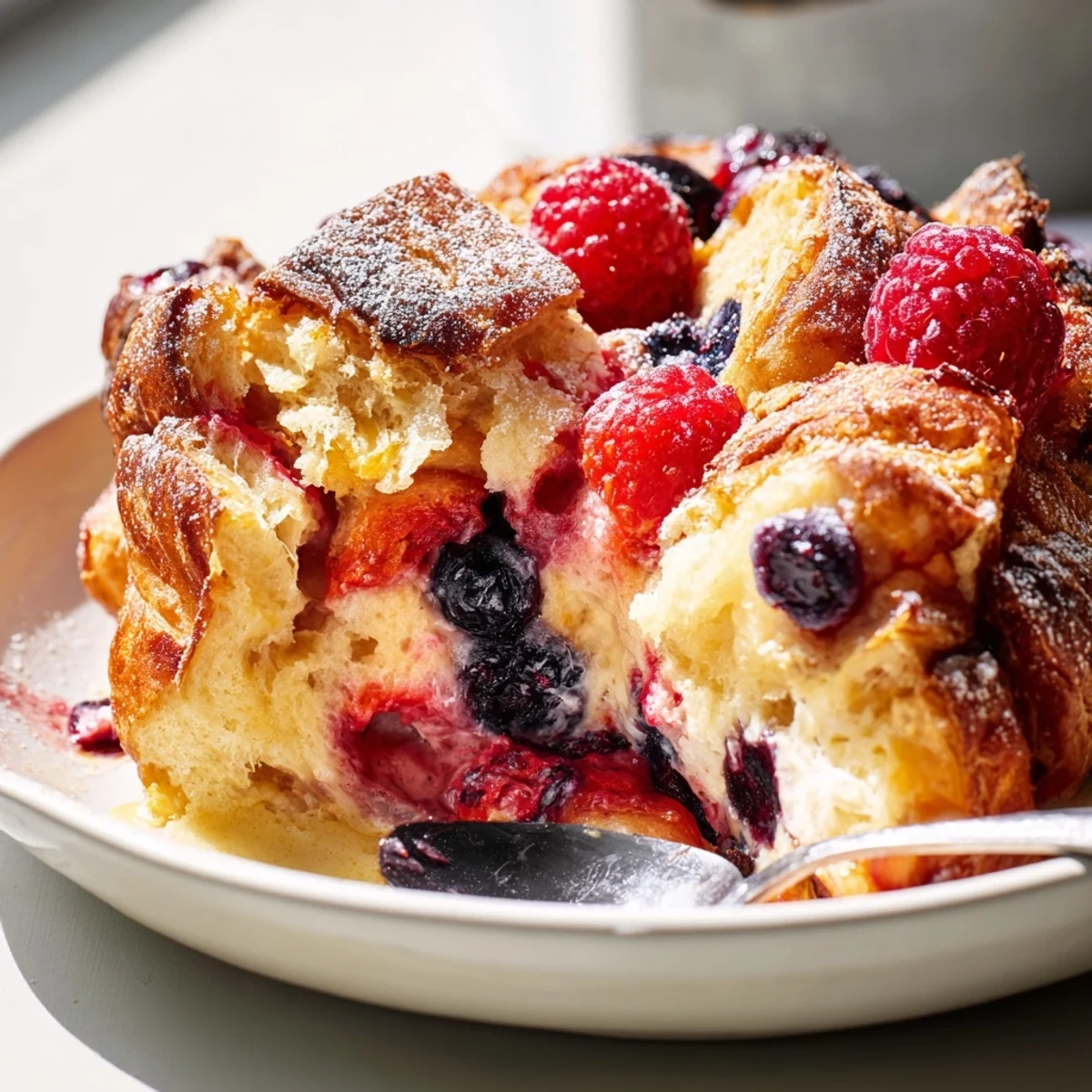 Creamy berry croissant bake with blueberries and raspberries served in a casserole dish