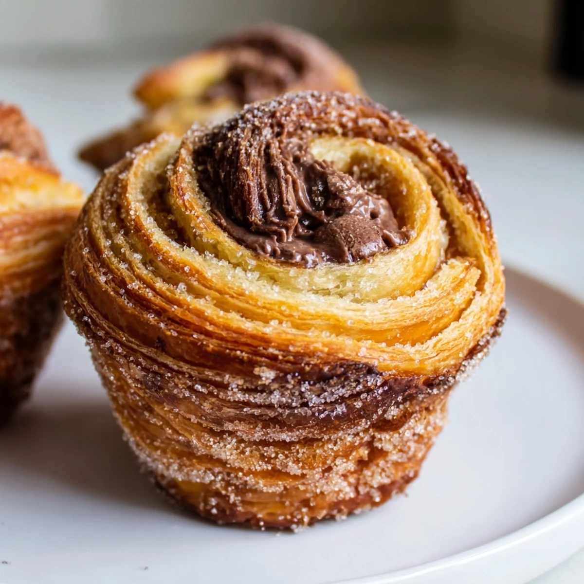 Golden cruffins with flaky croissant layers fresh from the oven on a rustic plate