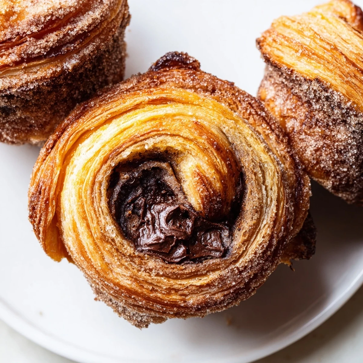 Cruffins dusted with cinnamon sugar revealing buttery spiral pastry layers close up
