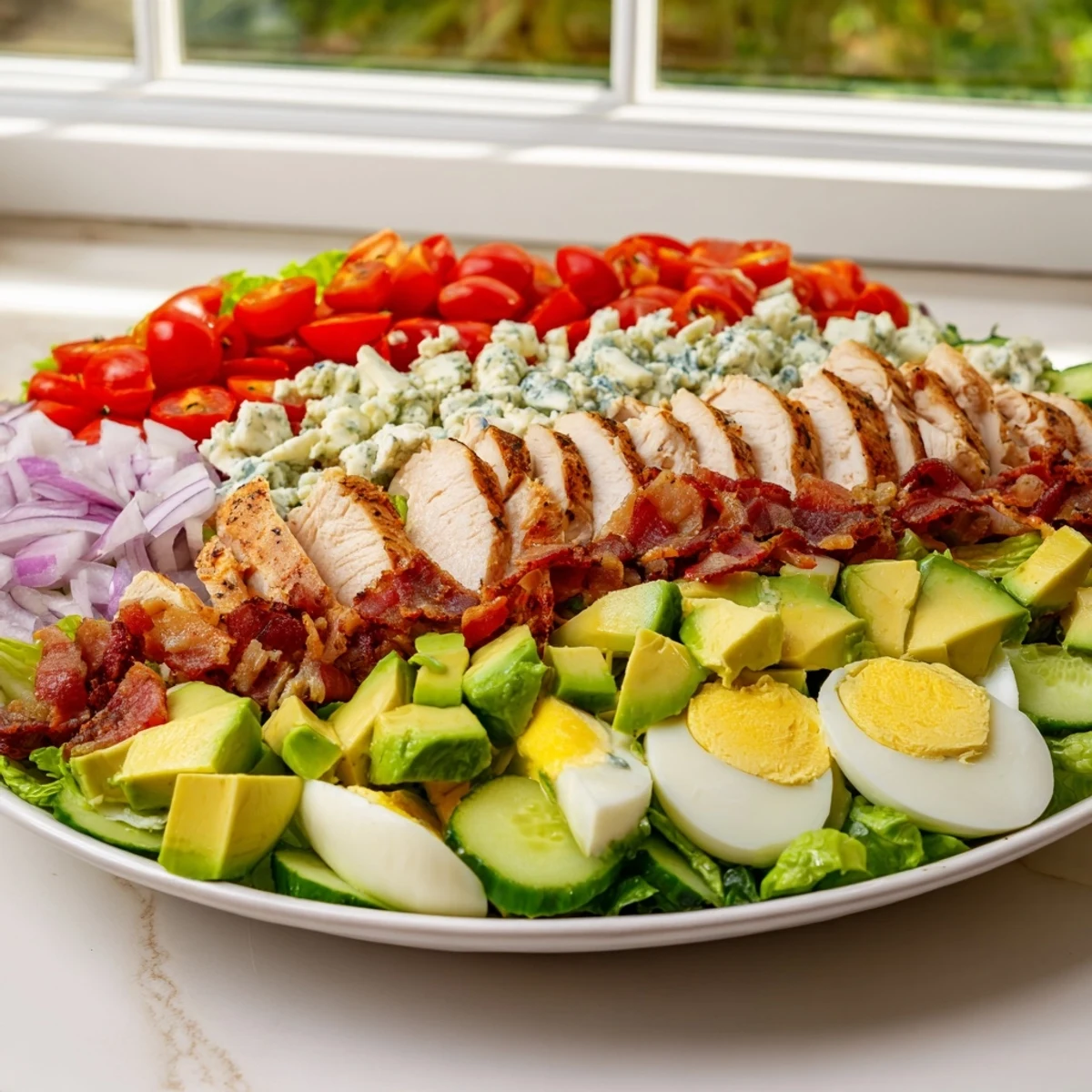 Colorful Cobb salad with grilled chicken, bacon, eggs, and creamy avocado on crisp romaine lettuce