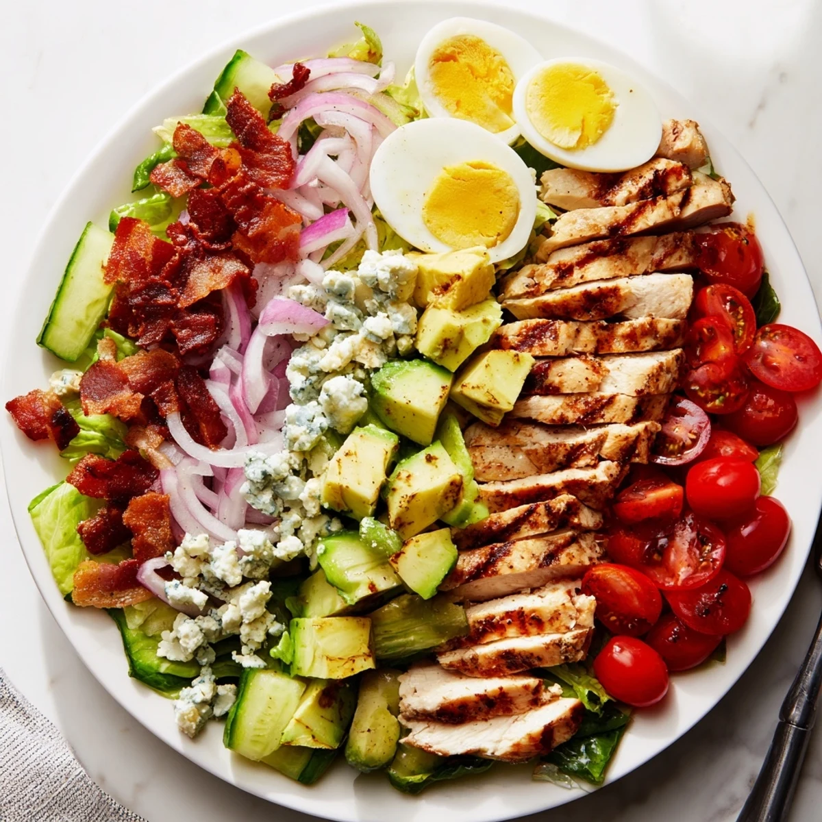Classic Cobb salad arranged in vibrant rows drizzled with tangy Dijon vinaigrette dressing