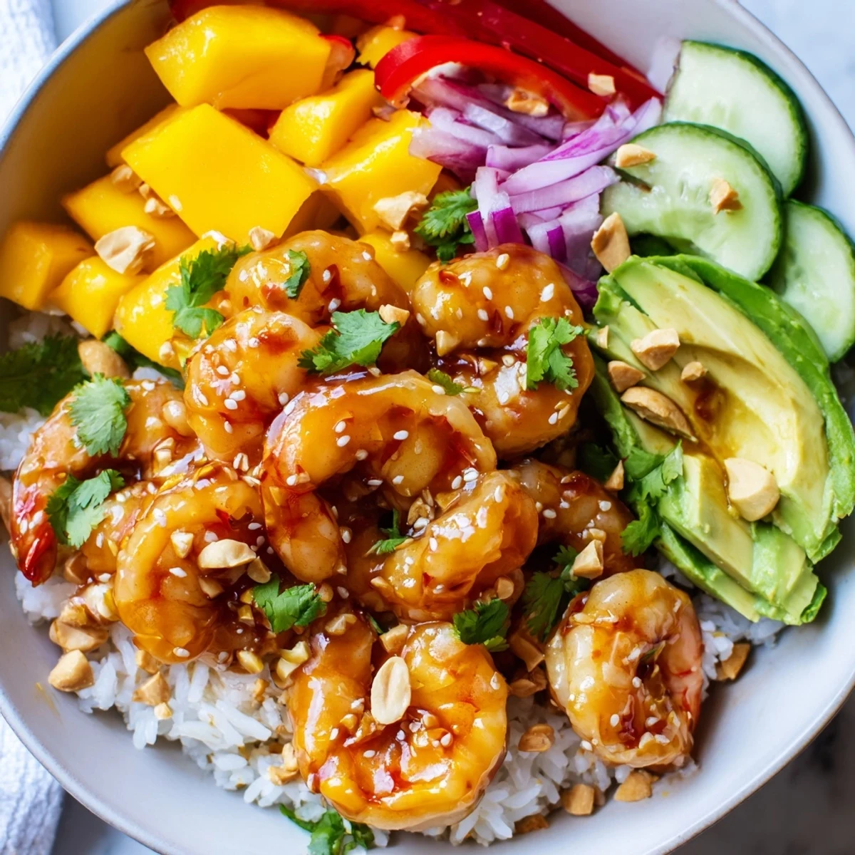 Glossy sweet chili mango shrimp bowl with colorful crisp vegetables over jasmine rice